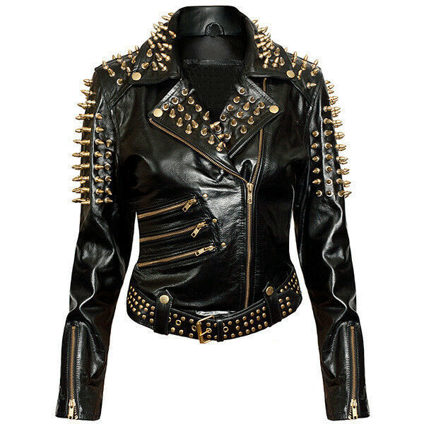 Women Black Color Biker Genuine Leather Gold Spike Studded Zipper Belted Jacket