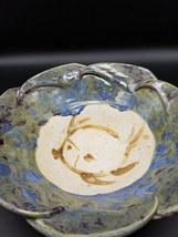 Hand Thrown Studio Art Pottery Bowl, Green/ Purple Glaze With Fish -Signed - £37.45 GBP