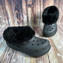 Crocs FUREVER CRUSH Women Sz 8 Black Faux Fur Platform Wedge Clogs Loafers Shoes - £33.62 GBP