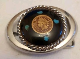 Vintage Western Turquoise Inlaid 1887 Indian Head Penny Silver Tone Belt Buckle  - £31.31 GBP