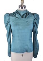 VTG 1970s Rae Hepburn Romantic Blouse High Collar Mutton Sleeve Teal Sec... - €44,92 EUR