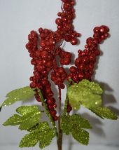 Unbranded Red Glittery Holly berries Green Glittery Leaves Decoration image 3