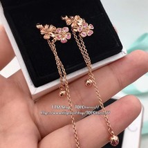 Rose Gold Dangling Peach Blossom Flowers Earrings With CZ &amp; Enamel Drop Earrings - £19.82 GBP