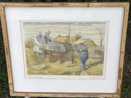 WILLY SEILER Signed Vintage 1950 Hand Colored Japanese Etching &quot;Rice Threshing&quot; - £176.33 GBP