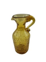 Vintage Amber Crackle Glass Small Pitcher Hand Blown Applied Clear Handle - $11.84