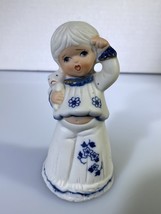 Vintage Jasco Porcelain Blue and White Doll Bell Girl in Pajama with bunny - $9.49