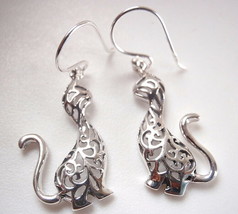 Kitty Cat Filigree Stencil Earrings Sterling Silver Dangle Corona Sun Jewelry - £14.60 GBP