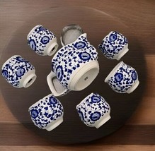 Chinese Porcelain Teapot Blue Flowers Signed Bottom Small  w 6 Cups - READ - £14.03 GBP