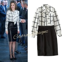 Queen Letizia Inspired Windowpane Check Blouse &amp; Satin Pencil Skirt Set ... - £107.49 GBP