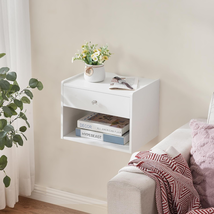 Floating Nightstand Set of 2 Wall Mounted N White w/ Drawer Bedside Table - $103.81