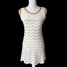 Vintage Mod Gogo 1960s Knit Crochet Sleeveless Dress Small White Gold Tone Trim - £63.67 GBP