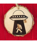 Bigfoot Sasquatch with Spaceship handpainted rustic wooden Christmas orn... - £7.96 GBP
