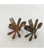 Set of two metal brass finish vintage napkin rings holders spoon fork de... - $19.75
