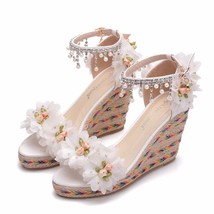 9cm Peep Toe High Heels White Flower Wedges Sandals Platform Shoes Plus Size 33- - £55.64 GBP