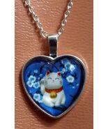 Bolla a Forma di Cuore Ciondolo W/ Blu Retro Gatto Bianco,Fiori W/Catena... - $499.32 MXN