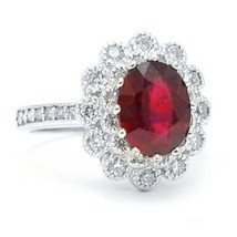 Art Deco 2.30CT Oval Cut Simulated Ruby 14K White Gold Plated Halo Women&#39;s Ring - £69.76 GBP