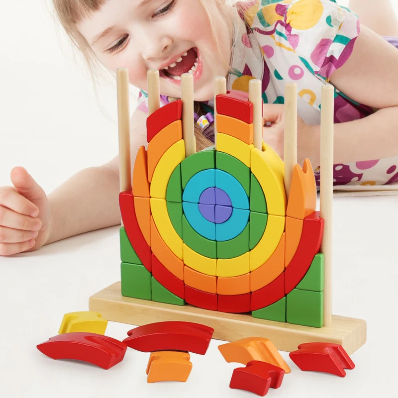 Montessori Rainbow Stacking Blocks Wooden Toys Nesting 3D Puzzle Shape Color - £32.87 GBP