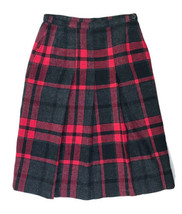 Vintage Red Black Buffalo Plaid Pleated Hem Wool Skirt M 29&quot; Waist Dark Academia - £18.99 GBP