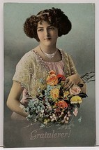 RPPC Congratulations Beautiful Lady with Flowers Silver Gilding Postcard G12 - £8.61 GBP