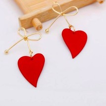 Bow Red Heart Dangle Earrings Delicate and Simple Red Love Heart Earrings - £15.39 GBP