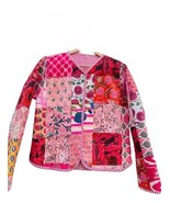Women&#39;s Pink Patchwork Quilted Jacket Block Printed Boho Style Quilted H... - $49.36 CAD