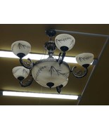 Art Nouveau Handmade Glass 5-Arms Antique Cast Bronze CHANDELIER Handpai... - $649.00