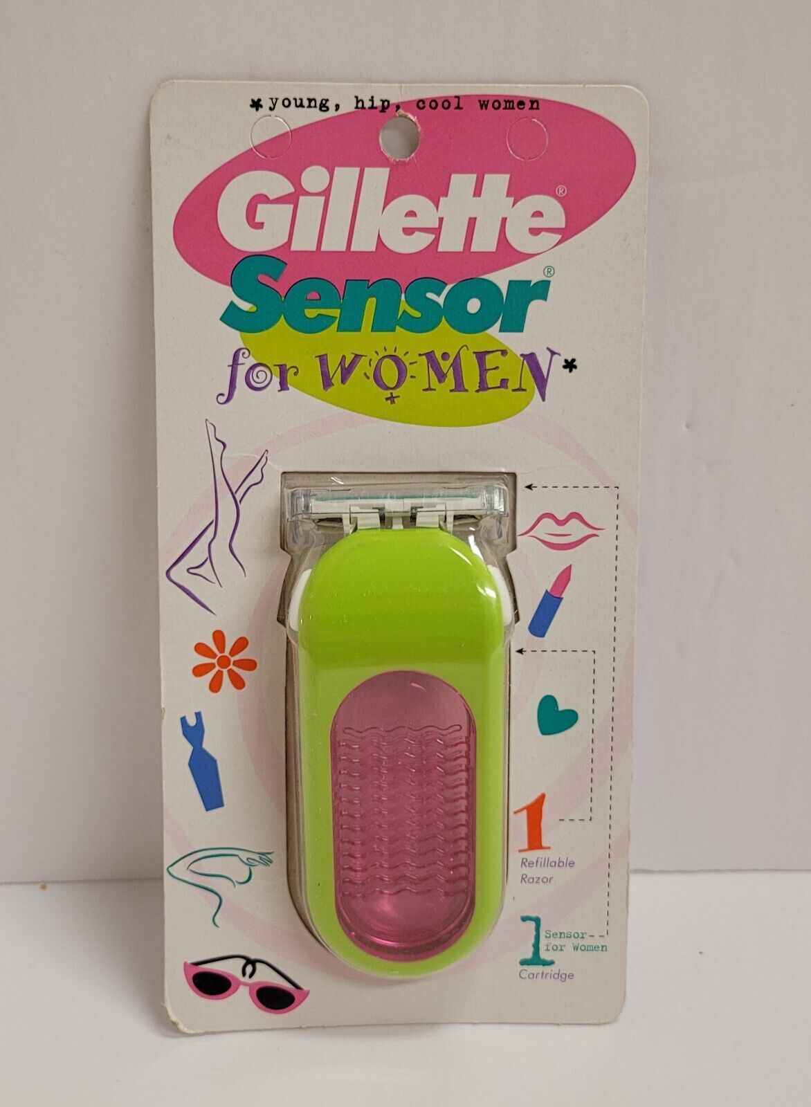 Gillette Sensor Excel Women Handle Shaver Razor ONE BLADE NOS 1997 Green Pink - $59.39