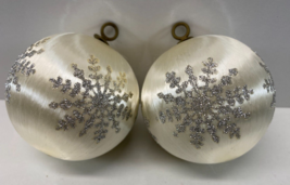 Vintage Lot 3 White Satin Silver Snowflake Glitter Ball Christmas Ornaments - £18.94 GBP