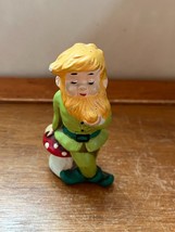 Vintage Small Painted Ceramic Leprechaun Elf Sitting on Red &amp; White Polka Dot Mu - £7.63 GBP