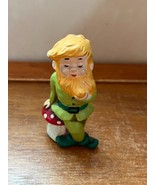 Vintage Small Painted Ceramic Leprechaun Elf Sitting on Red &amp; White Polk... - $9.49