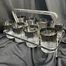 8 Vintage Silver Fade Low Ball Drinking Glasses 4 in Tall Chrome Carrier - £45.52 GBP