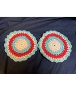 2 Vintage Crocheted Hot Pads 6” Red White Blue - £11.25 GBP