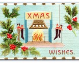 Fireplace Scene Stockings Holly Xmas Chirstmas Wishes Gilt Embossed Post... - $4.90