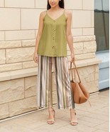 Lily Olive Button-Accent Tank &amp; Beige Stripe Wide-Leg Capri Pants- Large - $22.50