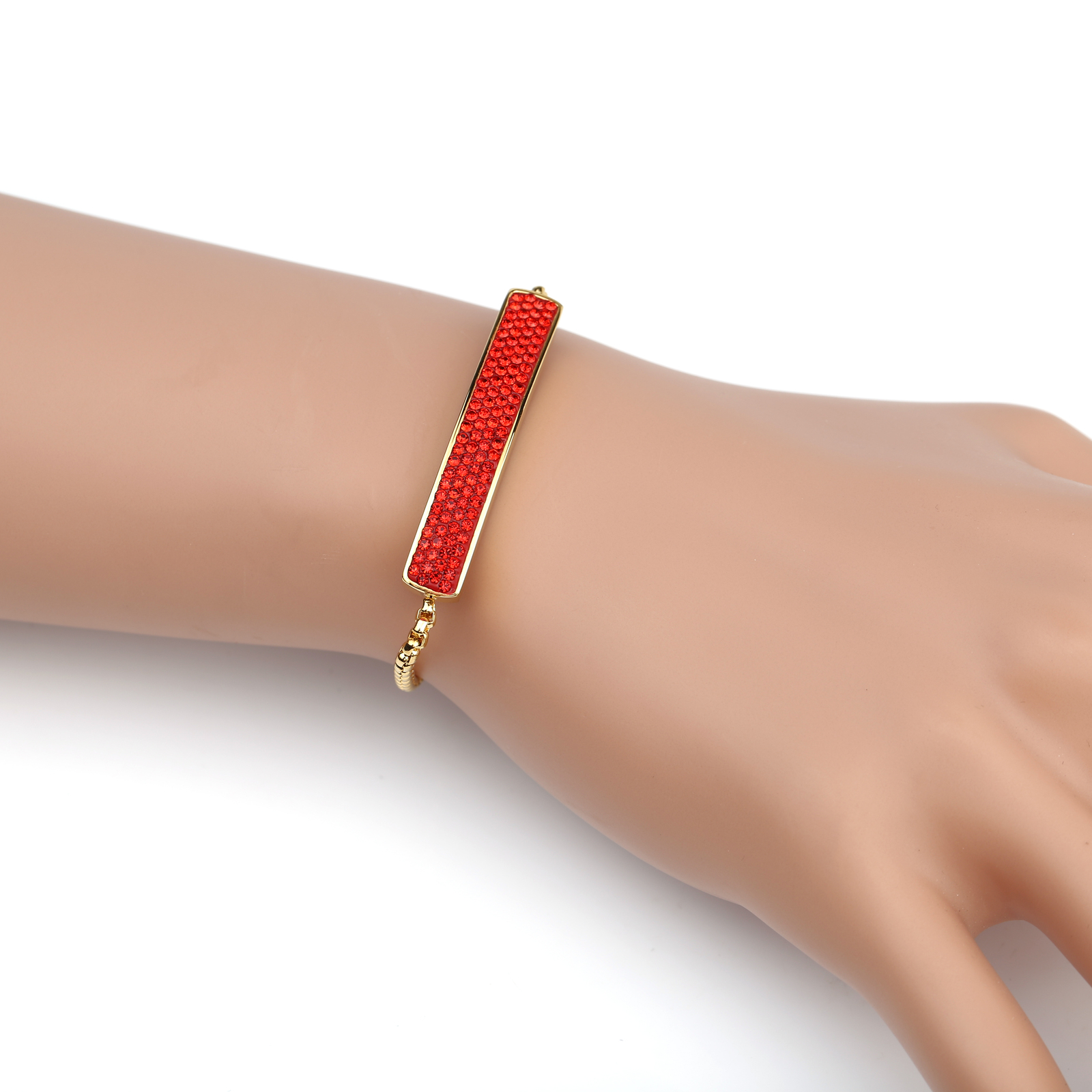 Gold Tone Bolo Bar Bracelet, Ruby Red Swarovski Style Crystals