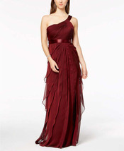 Adrianna Papell Womens One Shoulder Tiered Chiffon Gown, 6, Deep Wine - £153.45 GBP