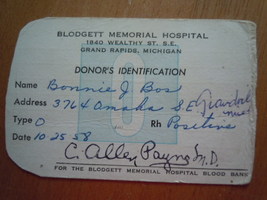 Vintage Blodgett Hospital Donor&#39;s Identification Card 1958 Grand Rapids Michigan - £2.35 GBP