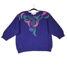 Vintage Diversity Womens L Sweater Blue Pink Pullover Art to Wear Abstract 80s - £15.69 GBP