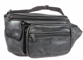 Vintage Black Genuine Leather Fanny Pack Retro 6 Zippered Compartments - £23.18 GBP