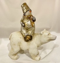 Vintage SEYMOUR MANN Snowman Riding On Polar Bear Winter Ceramic Home Accent 9&quot;H - £36.58 GBP