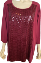 Joan Rivers Cranberry Scoop Neck 3/4 Sleeve Sequined Top Size 2X - $33.24