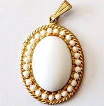 1980s Necklace Pendant White Oval Gold Tone Frame Vintage Collectible F6E - $24.99