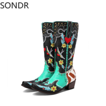 Womens Ethnic Embroidery Pointed Toe Mid-Calf Boots Western Chunky Heel Cowboy S - £101.45 GBP