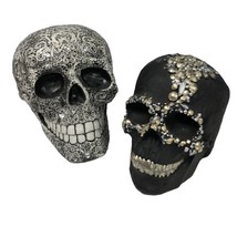 Lot of 2 day of Dead skulls tabletop Halloween room decoration bejeweled - $35.64