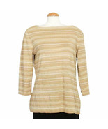 RALPH LAUREN Khaki Gold Metallic Stripe Linen Silk Knit Sweater XL - $95.31 CAD