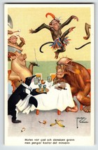 Dressed Monkey Penguin Pig Postcard Larson Wood Signed Fantasy Anthropomorphic - £21.56 GBP