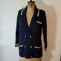 Carole Little Sweater Size M Heavy Military Inspired Navy Gold Buttons Stripes - £30.07 GBP