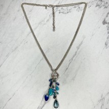 Chico&#39;s Double Strand Chain Link Silver Tone Blue Beaded Pendant Necklace - £13.32 GBP