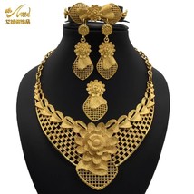 Dubai African Golden Jewelry Set Flower Necklace Sets For Women Bride Earrings R - £20.80 GBP