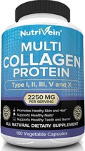 Nutrivein Multi Collagen Pills 2250mg - 180 Collagen Capsules - Type I, II, III, - £26.78 GBP